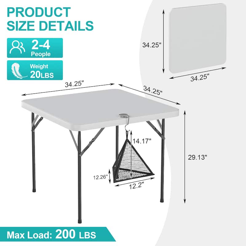 34" Folding Square Table Portable Plastic Dining Card Table for Kitchen or Outdoor Party Wedding Event