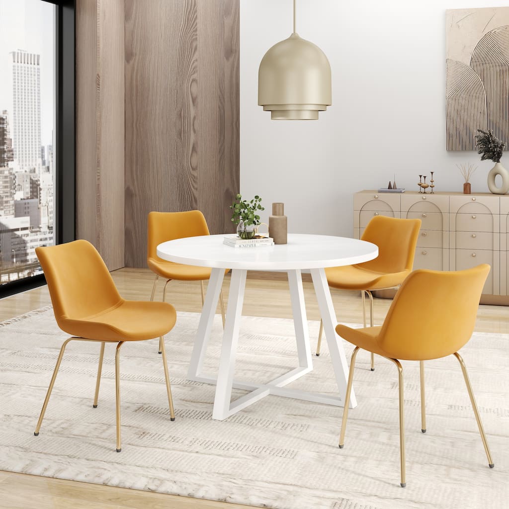 White Gold Velvet Upholstered Dining Chairs with Metal Legs, Trestle Round Dining Table, Elegant Dining Table and Chair Set
