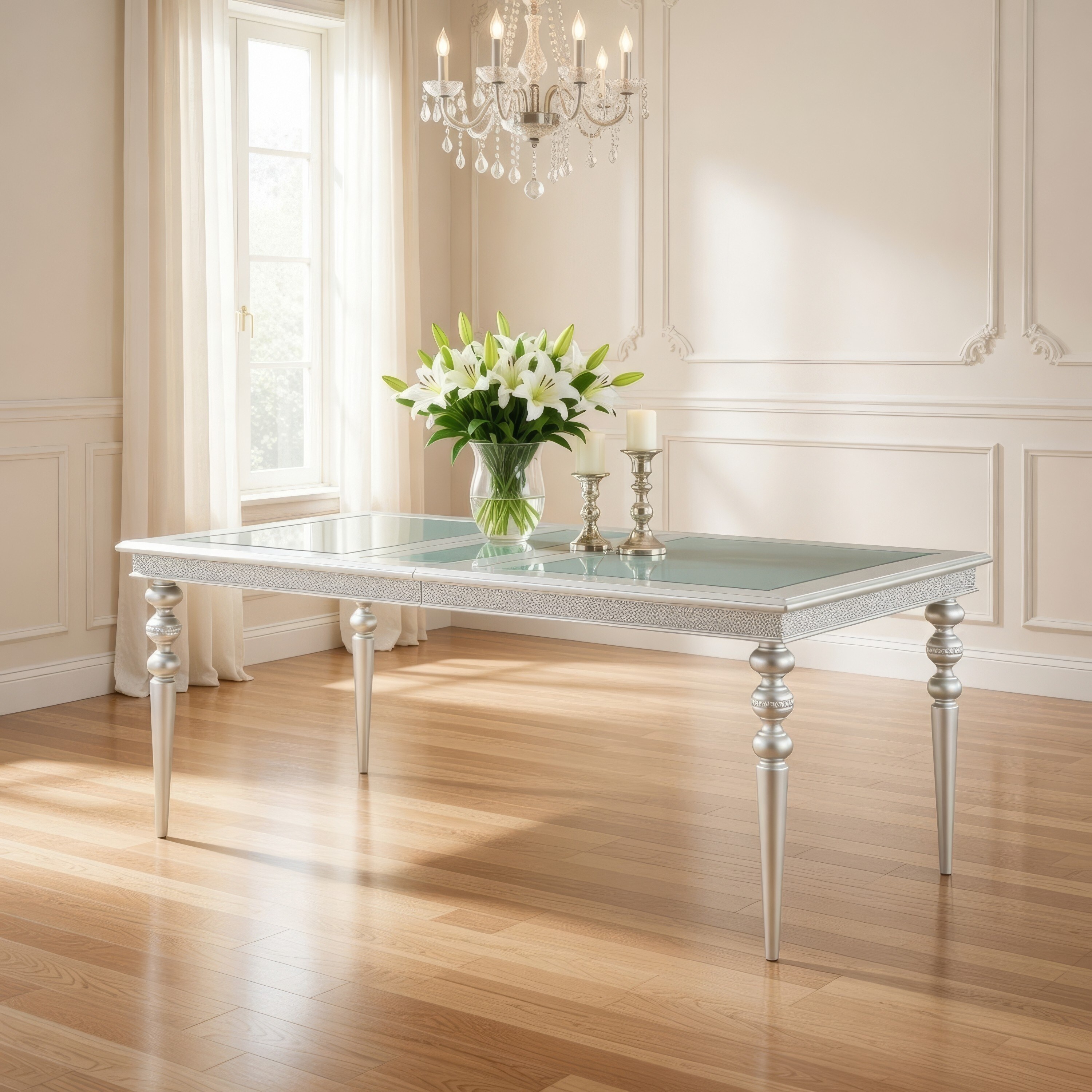 Sparkling Rectangular Dining Table with Rhinestone Inlay, Silver
