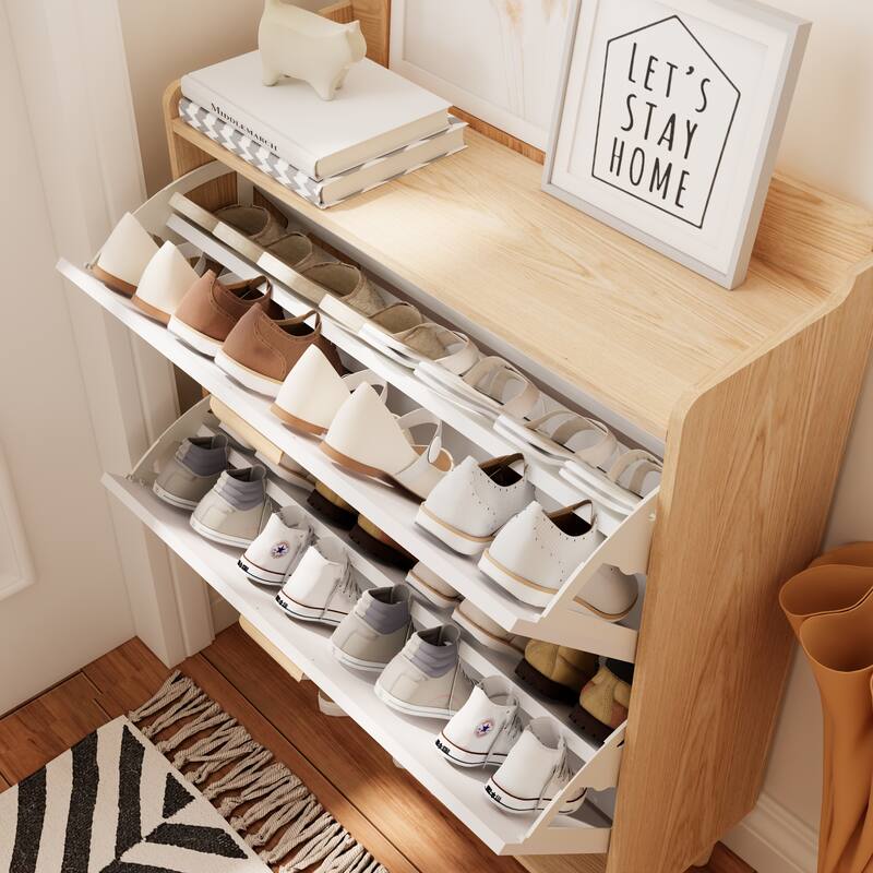 Anmytek White and Wood Entryway Storage Cabinet Flip Down Shoe Organizer for Mudroom and Foyer