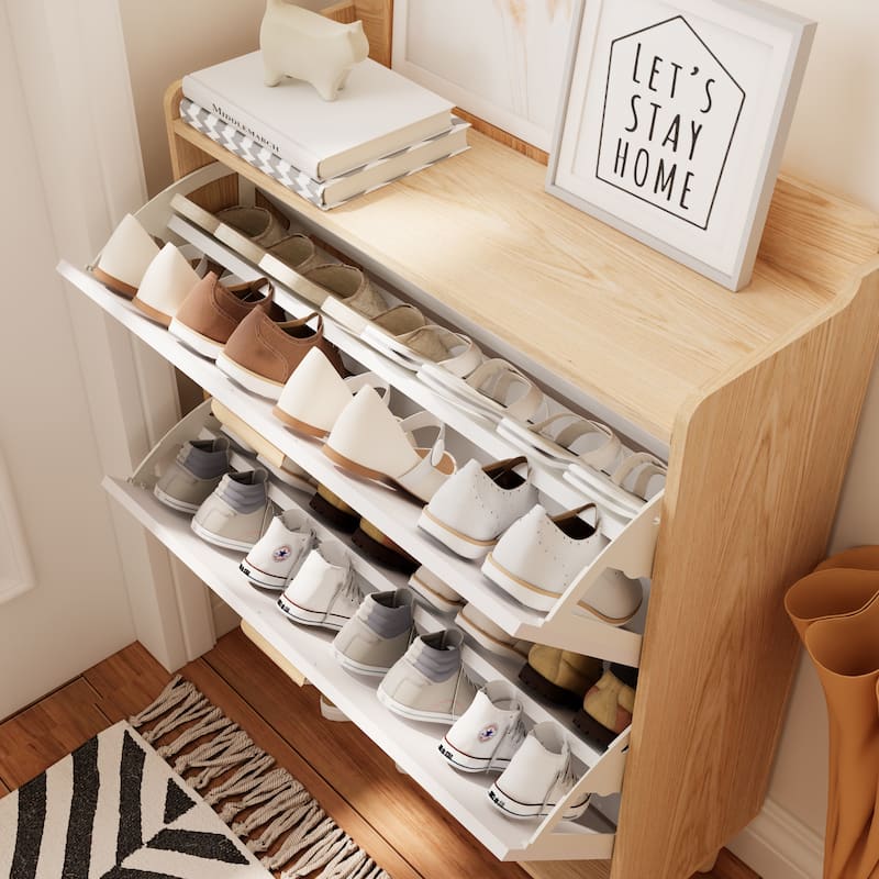 Nordic 32" Entryway Shoe Cabinet, 2 Flip Drawers Narrow Wood Organizer - Nature