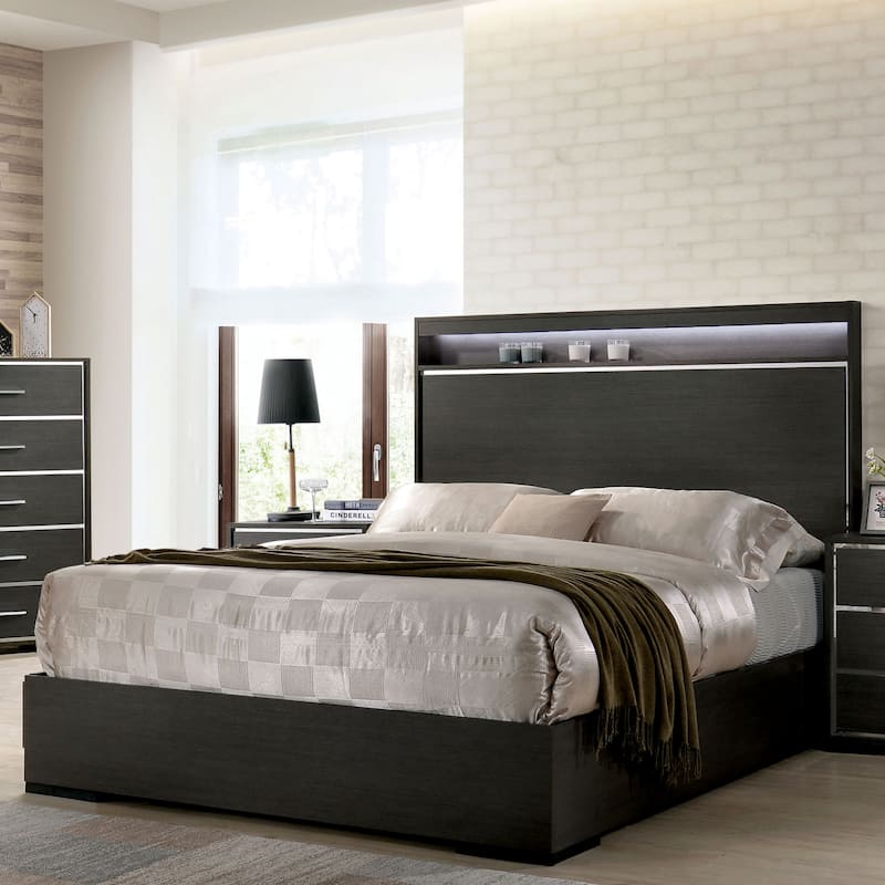 Furniture of America Kastela Modern 3-Piece Grey Wood Panel Bedroom Set with Shelf and LED