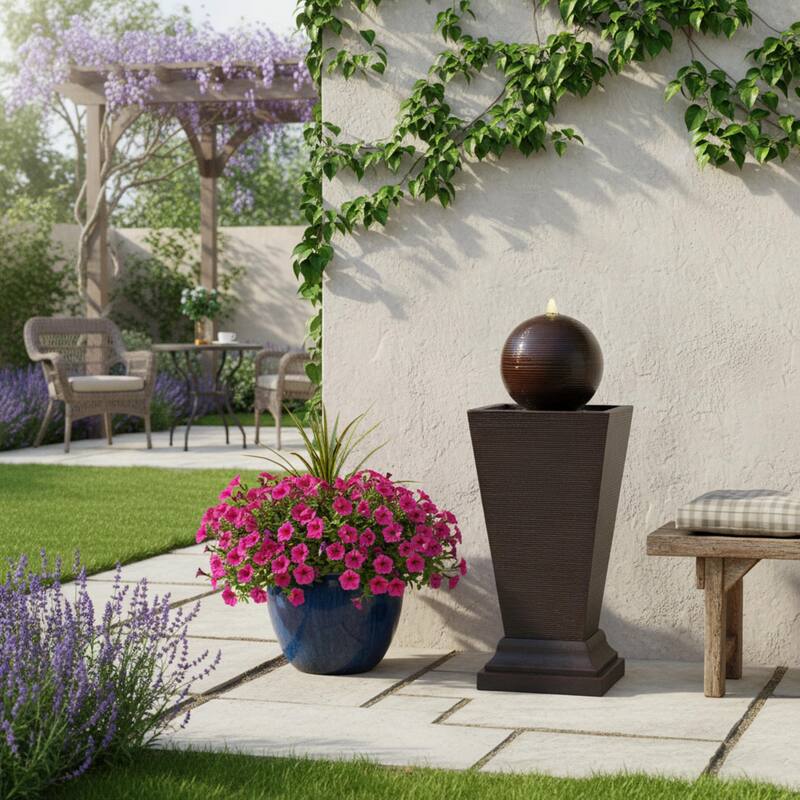 Roomfitters 35.5-Inch Tall Column Outdoor Fountain with Sphere Topper and LED Lights, Concrete Retro Garden Oasis, Dark Brown - Dark Brown