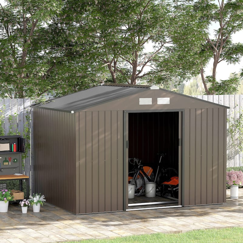 Outsunny 9' x 6' Outdoor Storage Shed, Garden Tool House with Foundation, 4 Vents and 2 Easy Sliding Doors