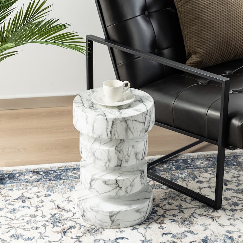 Glitzhome 18"H Modern Antique Gold/White MGO Floating Disks Side Table or Accent Stool - 12"L x 12"W x18"H