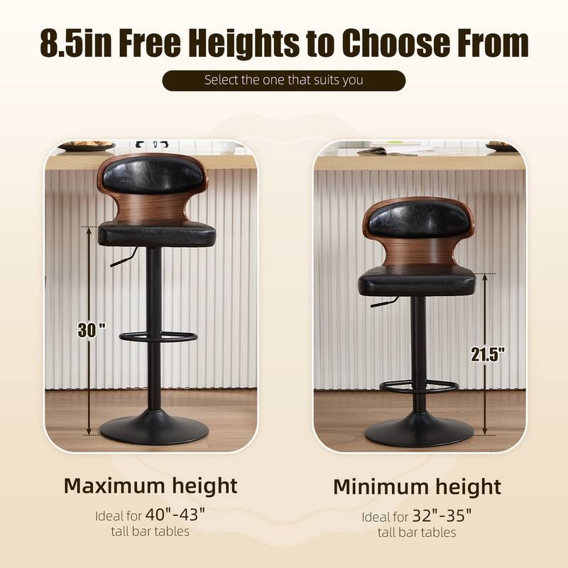 PU Leather Upholstered Curved Backrest 360° Swivel Adjustable Height Bar Stools with Footrest(set of 2)