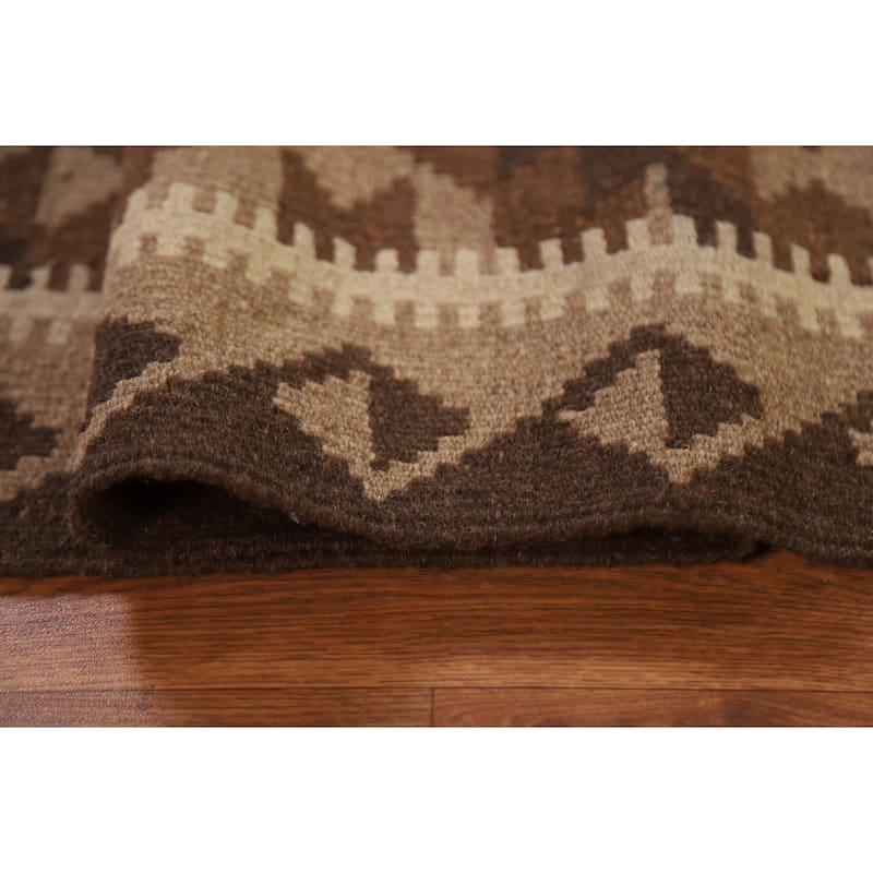 Brown Tribal Geometric Kilim Oriental Area Rug Flat-weave Wool Carpet - 5'3" x 8'1"