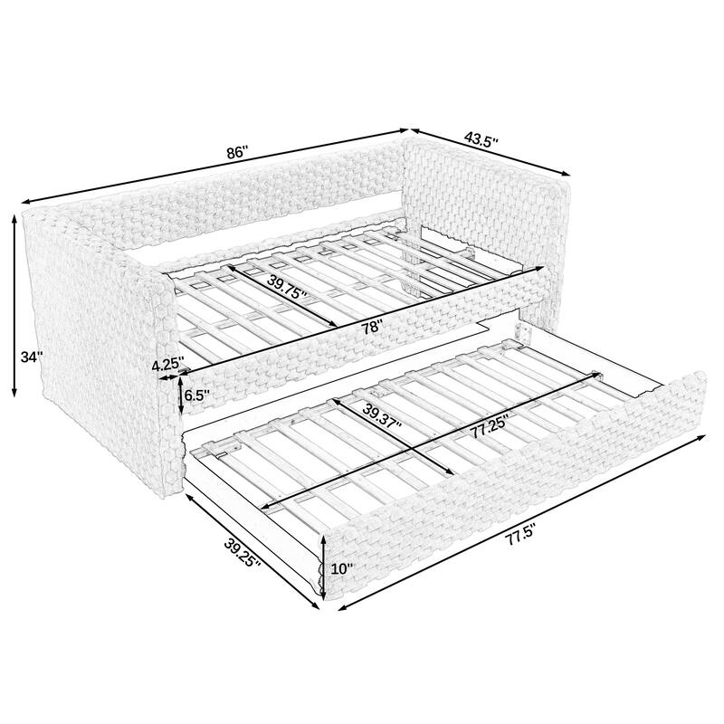 Twin Size Daybed, Upholstered Sofa Bed, The Bottom Pulls out to Form a Bed, Plaid Corduroy Fabric - Beige