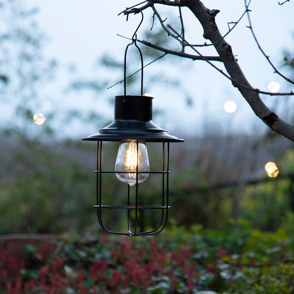 Glitzhome 9.75 Metal Wire Solar Powered Outdoor Hanging Lantern Black