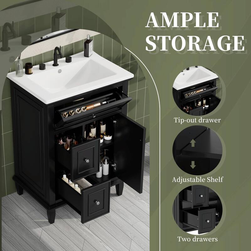 24" Bathroom Vanity with Sink, Bathroom Vanity Cabinet with One Flip Drawer and Two Drawers, Adjustable Shelf