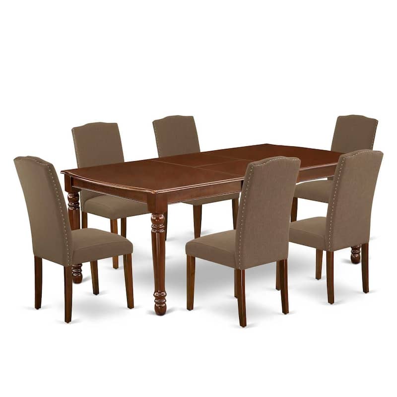 Southwestern Dining Set 7Pc Rectangle Table & 6 Chairs - Linen Fabric, Dark Coffee Finish