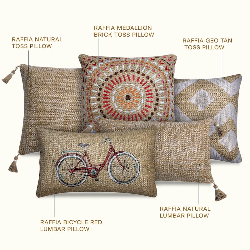Raffia Bicycle Red Outdoor Lumbar Toss Pillow (2-Pack)