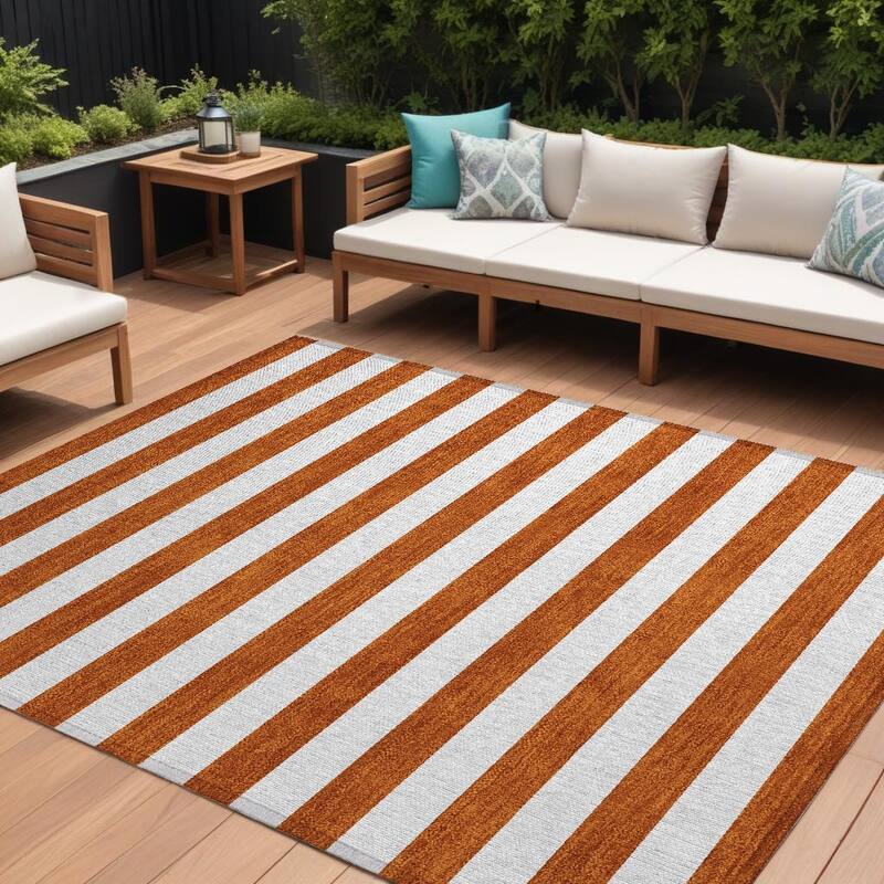 Elri Stripe Weather Resistant Blended Style Outdoor Rug - 9' X 12' - Orange