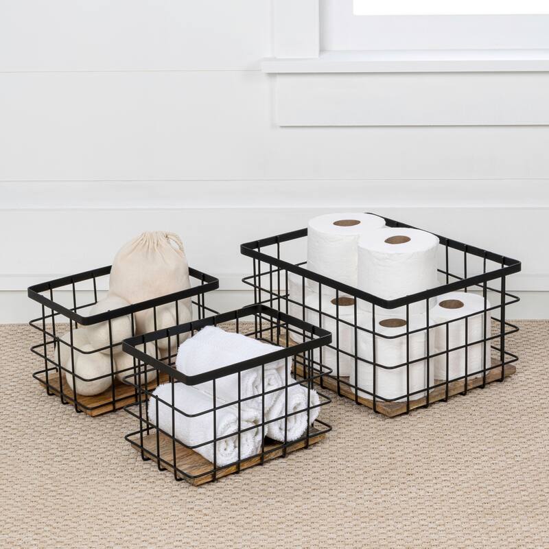 Happimess Evvie Set of 3 Vintage Wire Storage Baskets with Wood Base