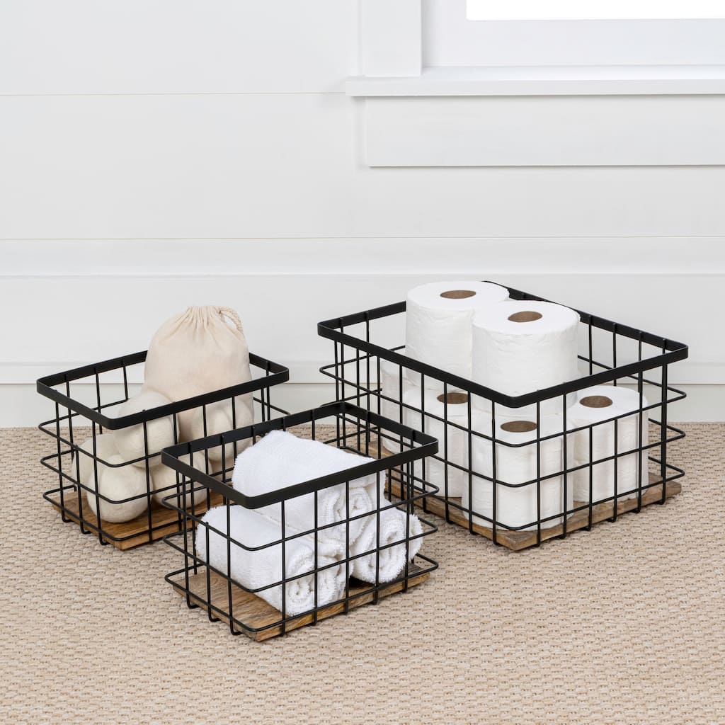 Happimess Evvie Set of 3 Vintage Wire Storage Baskets with Wood Base