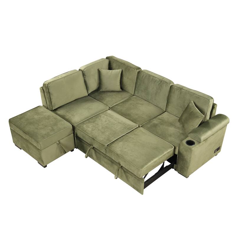 Sleeper Sofa Bed with Storage Ottoman, 2 in 1 Convertible Sectional Sofa Couch, Velvet 4-Seater Sofa with Cup Holder