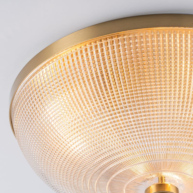 3-Light Industrial Gold Semi Flush Mount Lights with Grid Textured Glass - Brass