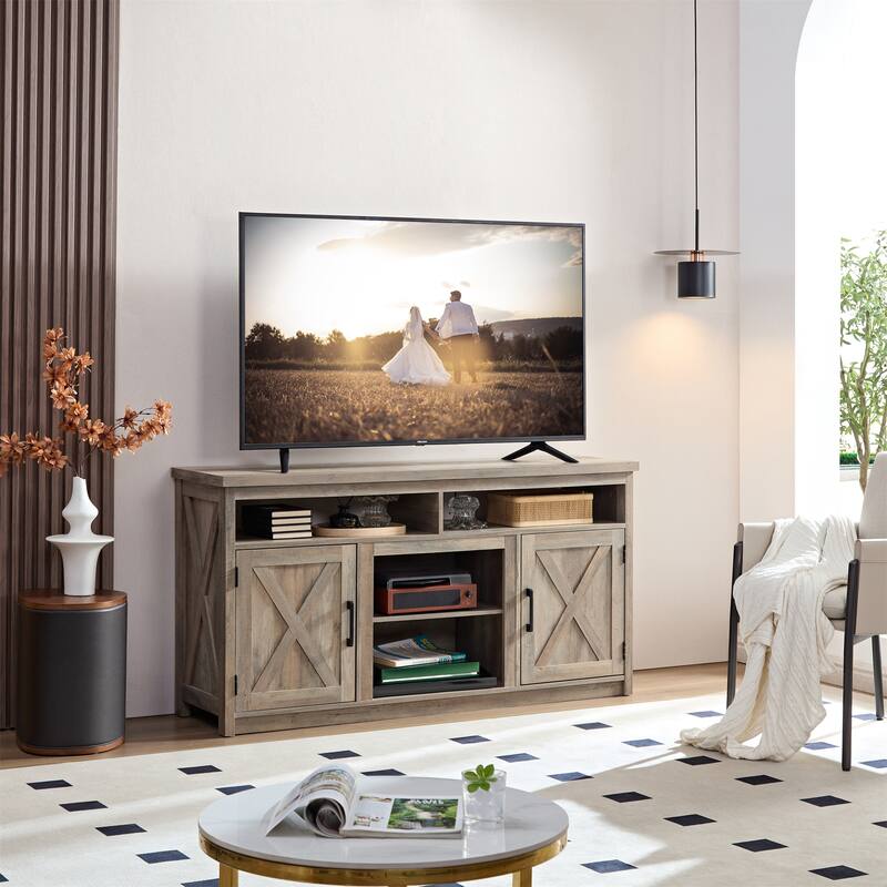 Farmhouse Barn Door TV Stand with Open and Closed Storage