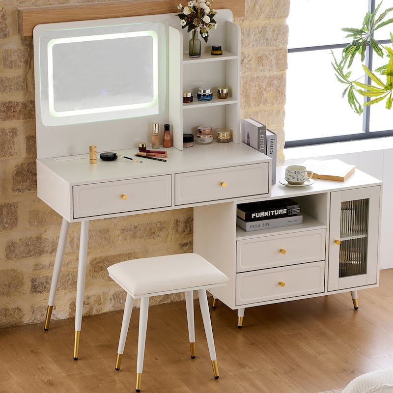 Modern Makeup Vanity Set with PU Cushioned Stool, Retractable Dressing Table Vanity Desk with Mirror, Light & Power Outlet