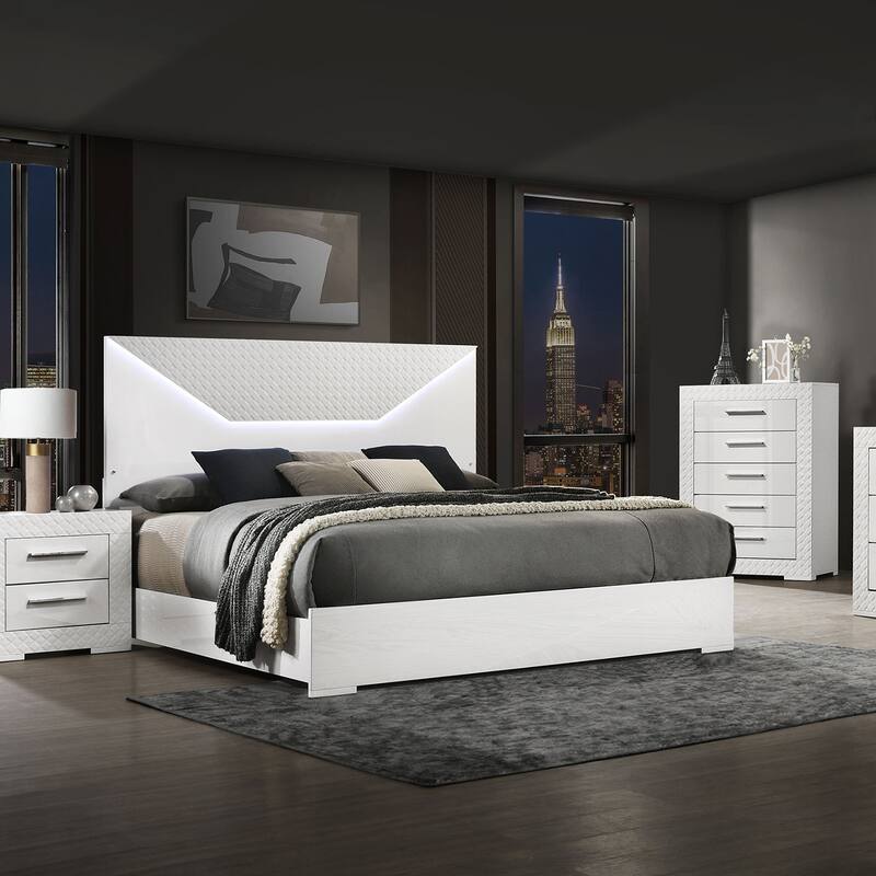 White High Gloss Queen Panel Bed with LED Headboard and Diamond Texture