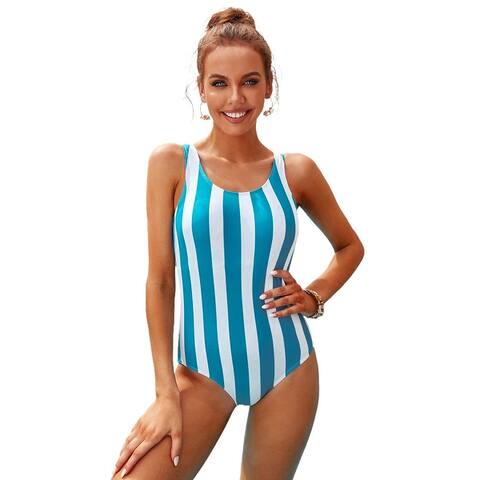 Cali Chic Women's One Piece Swimsuit Celebrity Striped Print Criss Cross U-neck One Piece Swimwear Bikini