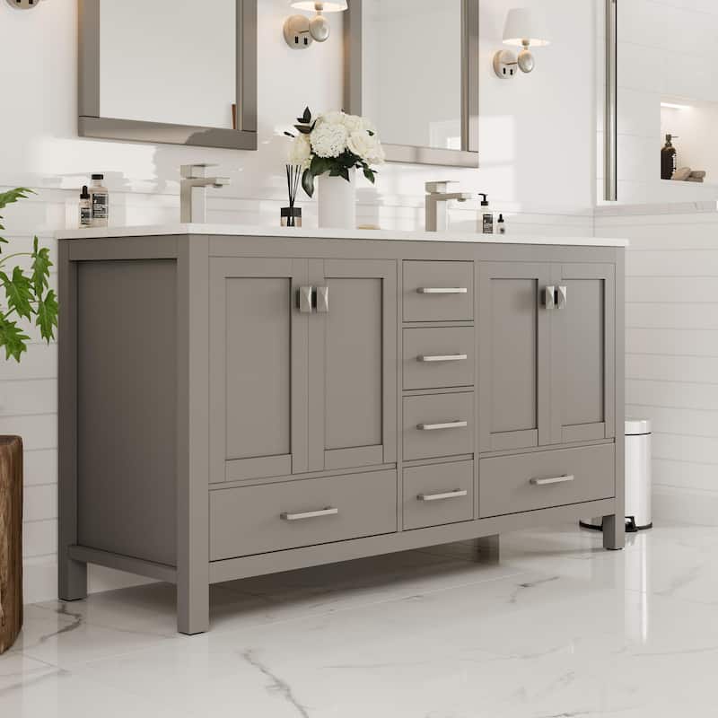 Eviva London 60"W Gray DS Bath Vanity with White Carrara Quartz Top