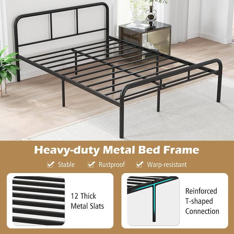 Gymax Full Size Bed Frame Metal Platform Bed Base w/ Headboard &