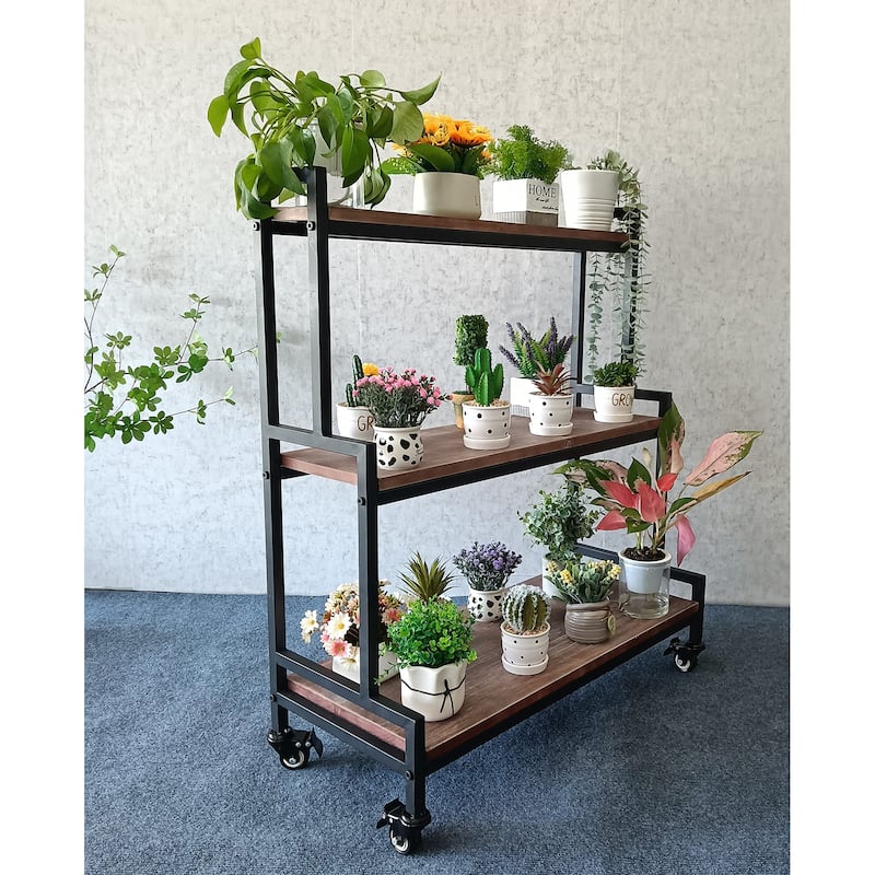 Rustic Plant Stand with Wheels, Rolling Plant Shelves Rack, Metal Plant Stand for Multiple Plants, Industrial Ladder Plant Shelf