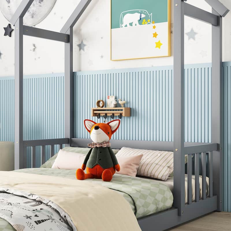 Full Roof-framed Headboard Floor Bed with Headboard Guardrails