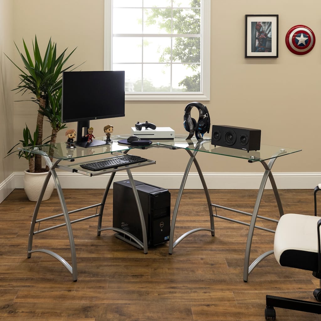 Walker Edison Vale Metal / Glass L-shaped Computer Desk - Silver
