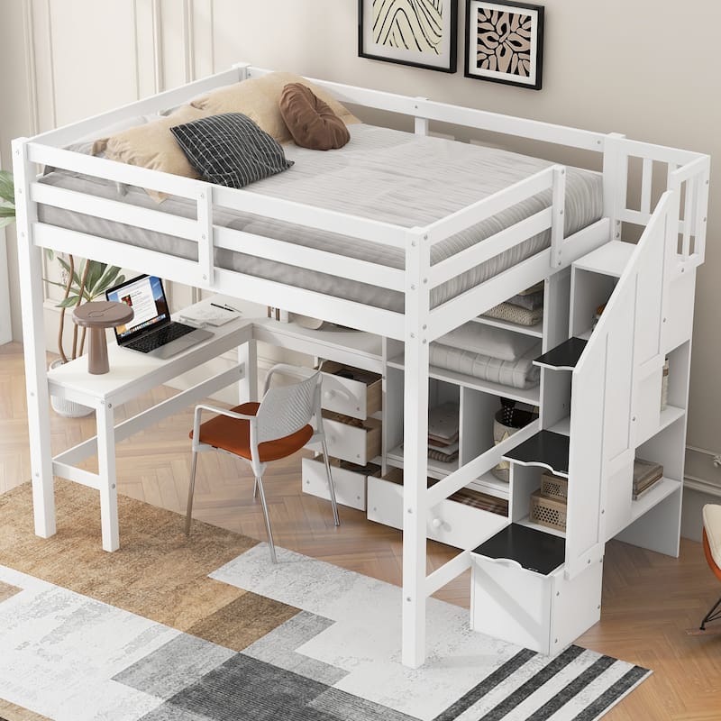 Full Size Loft Bed with L-Shaped Desk, Drawers, Cabinet, and Storage Staircase, White