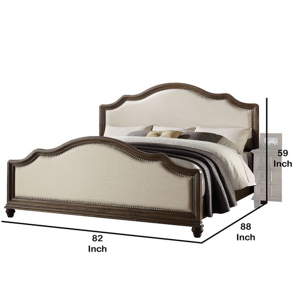 Fabric Eastern King Bed with Molding Details and Nailhead Trim, Beige