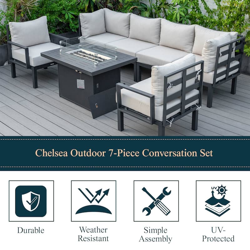 Outdoor 7-Piece Patio Sectional Set Aluminum Frame W/ Fire Pit Table