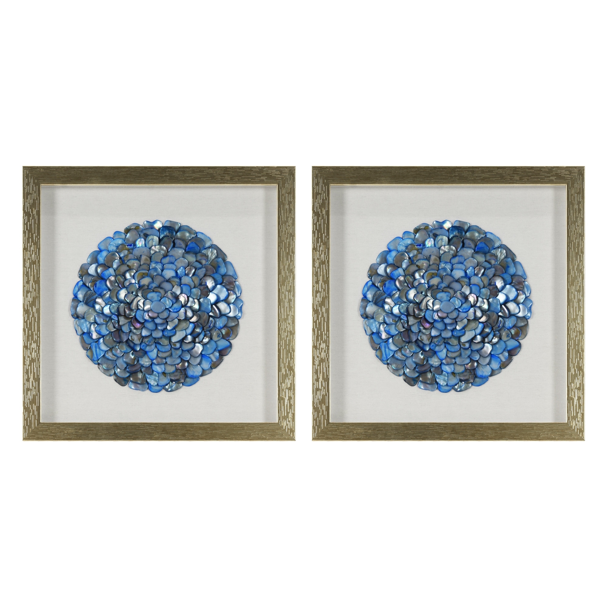 American Art Decor Blue Seashell Mosaic 3D Textured Wall Art with Champagne Frame, 2 Piece Set for Coastal Beach Theme Decor