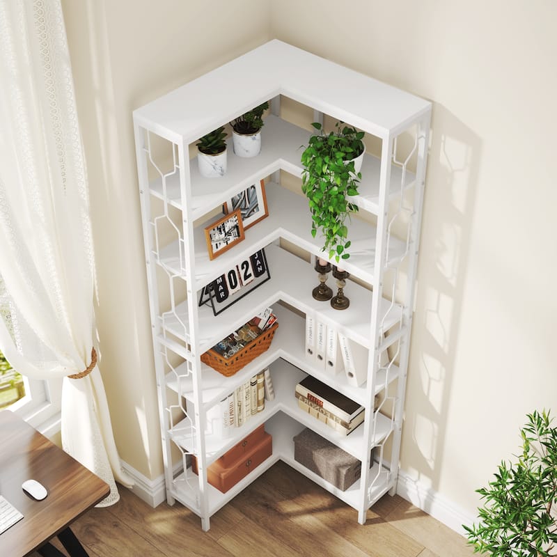 7-Tier Corner Bookshelf, White Corner Shelf Modern Etagere Bookcase