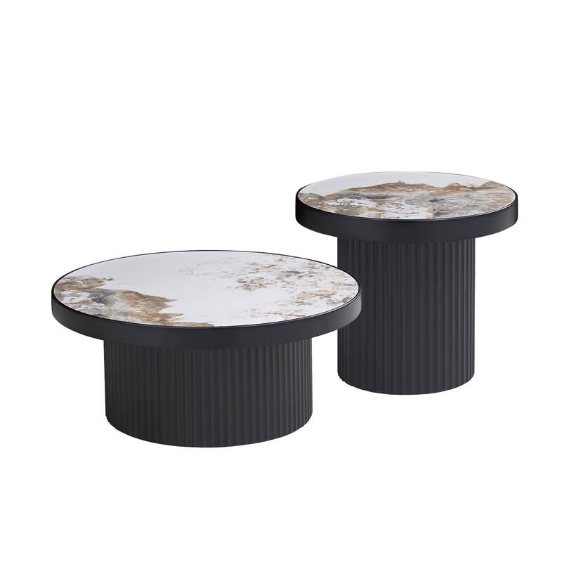 Nesting Round Coffee Table Set with Sintered Stone Tabletop, Modern Living Room Center Table - Black-Sintered Stone Tabletop