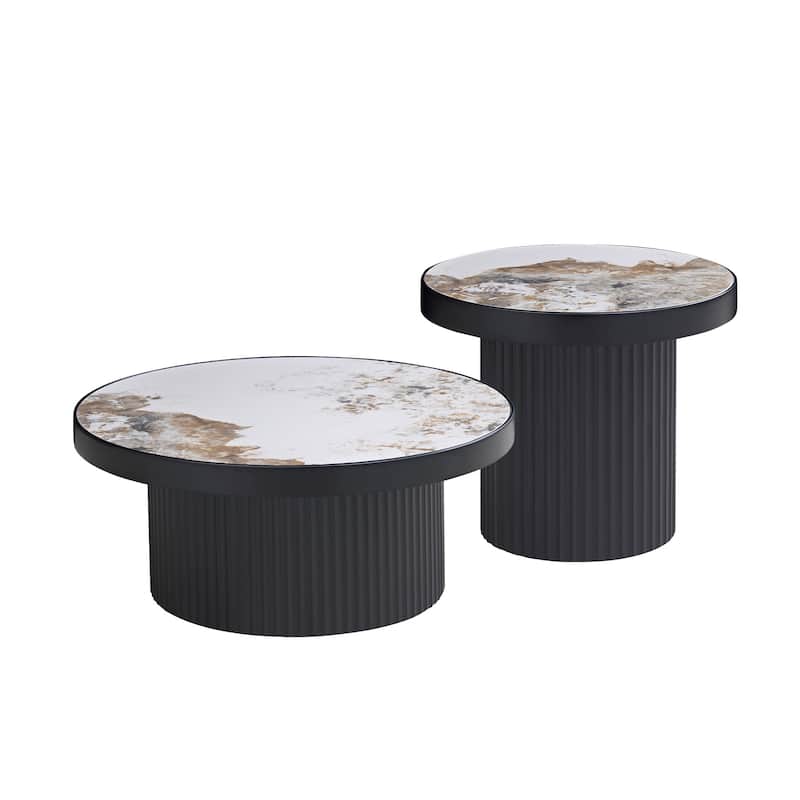 Set of 2 MDF Round Coffee Table for Living Room ,Apartment, Leisure Area - Multi+Black