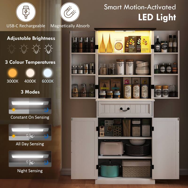 Farmhouse Style Kitchen Pantry Cabinet with Motion Sensor Light Adjustable Shelves and Spacious Storage