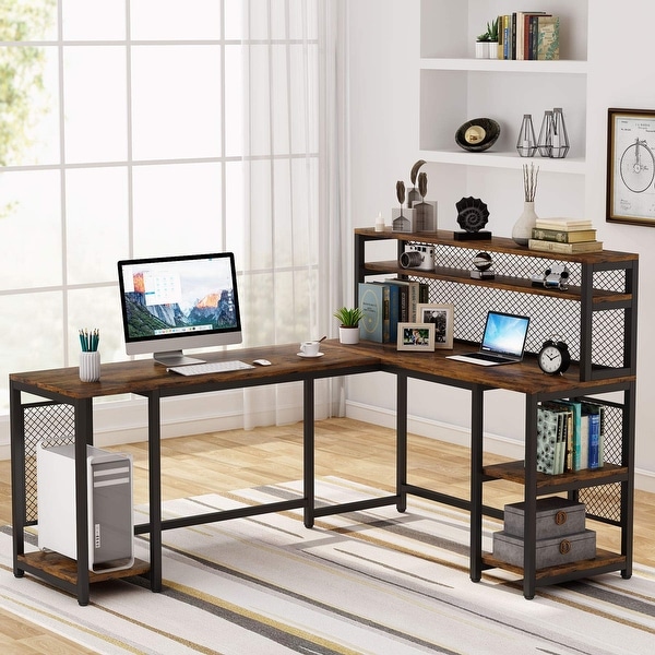 L Shaped Computer Desk with Charging Station, Corner Writing Desk with ...