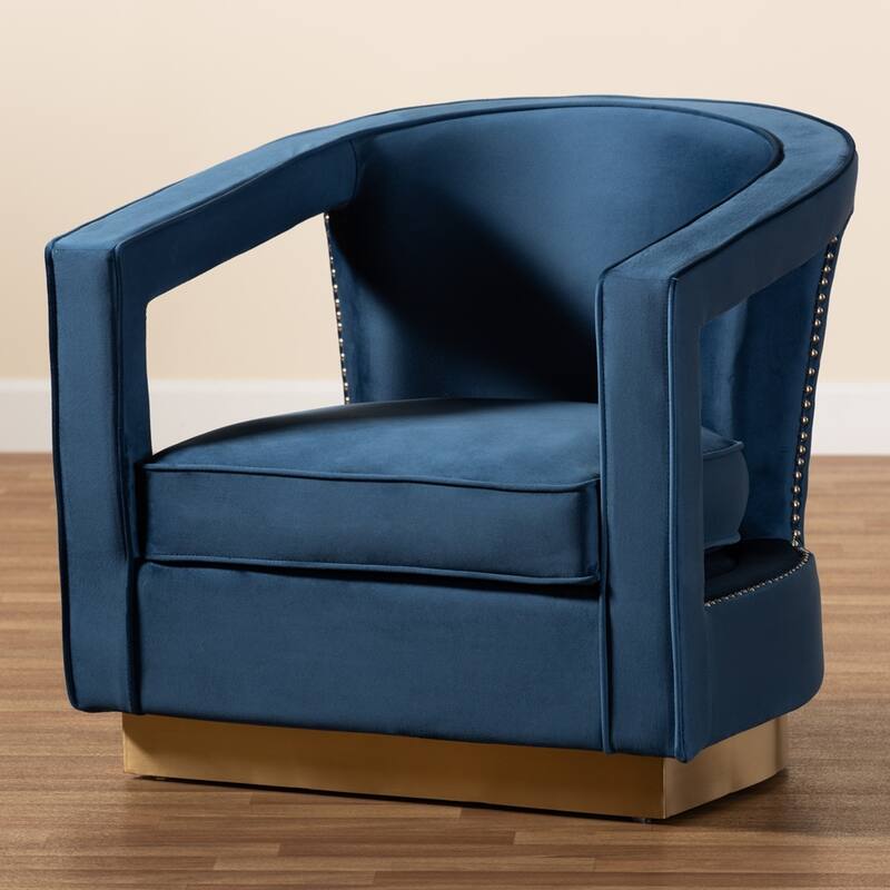 Neville Modern Luxe and Glam Navy Blue Velvet Fabric Upholstered and Gold Finished Metal Armchair - 28.70"H x 30.30"W x 31.10"D
