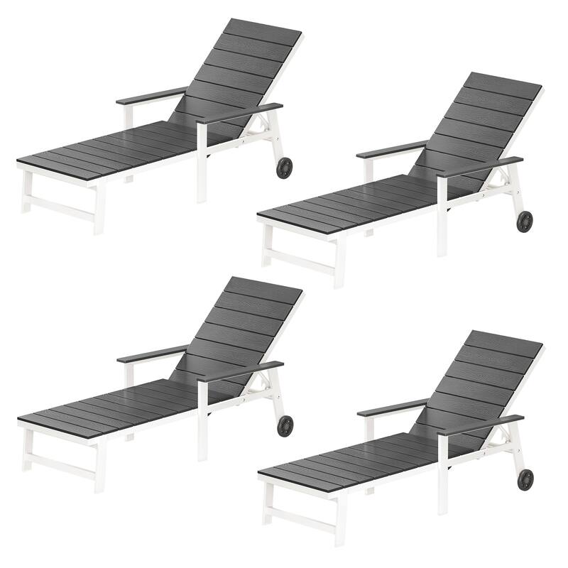 Patio HDPE Backrest Set of 4 Chaise Lounge Chair with Aluminum Frame, Adjustable Backrest and Wheels - Grey