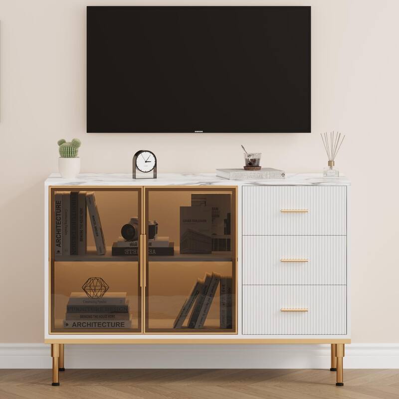 Fluted Sideboards Buffets Cabinet with Glass Doors, 3 Drawers, Marble Top Kitchen Sideboard Cabinet