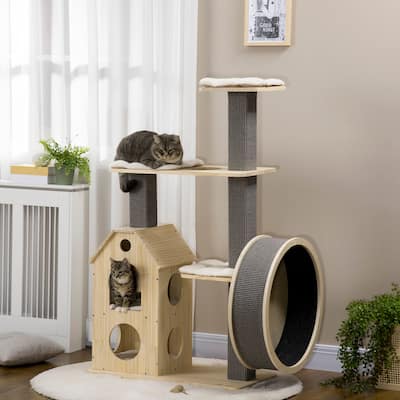 PawHut 53" Cat Tree, Kitty Activity Center Cat Tower Climbing Pet Furniture with Running Wheel, Cat Bed, Sisal Scratching Post