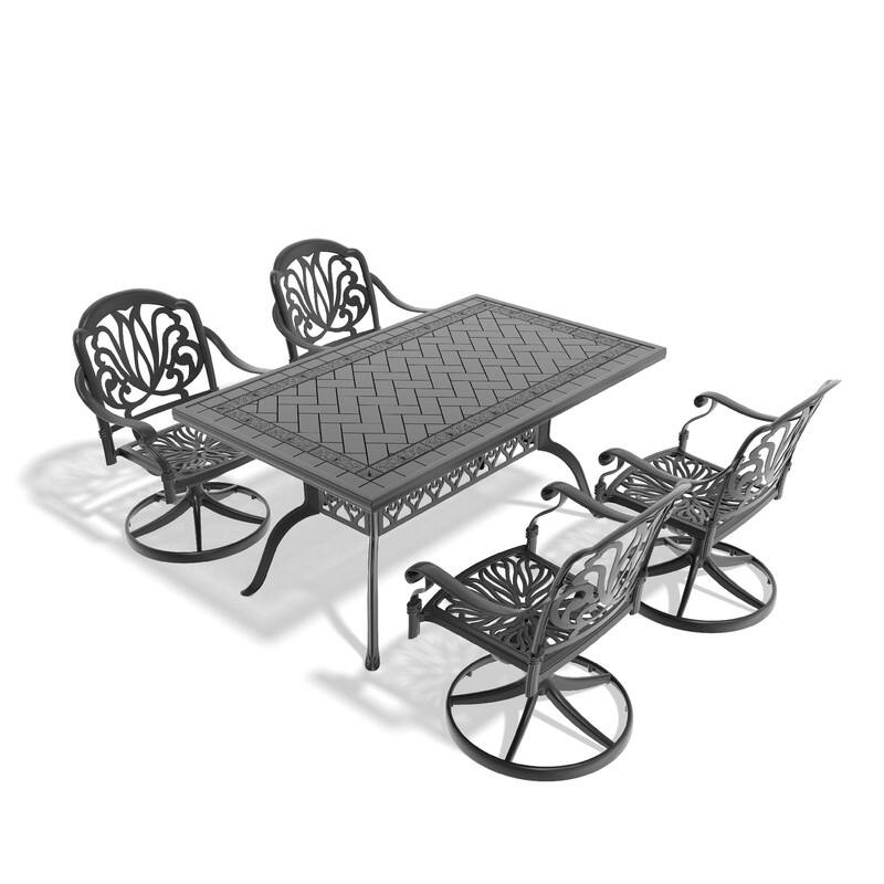 5-Piece Aluminum Rectangular Outdoor Patio Dining Set, 4 Cushioned Swivel Chairs, Table, All-Weather Frames