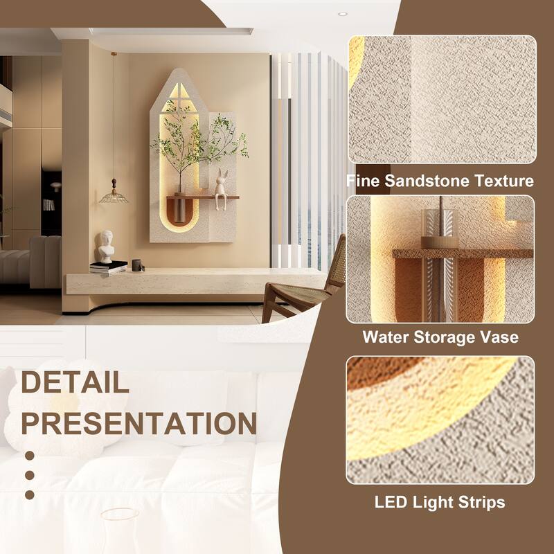 Adjustable 3-Color LED Sandstone Wall Decor with Simulated Green Plants - 3D Art Sculpture, Glass Vase & Rabbit Statue