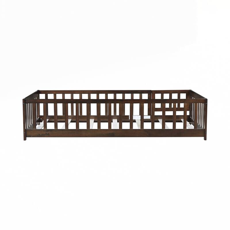 Rubber Wood Floor Bed with Safety Guardrails