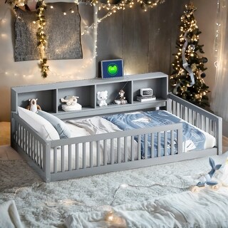 Gray Twin XL Size Daybed with Storage Shelves , Wood Floor Bed with USB Ports for Kids