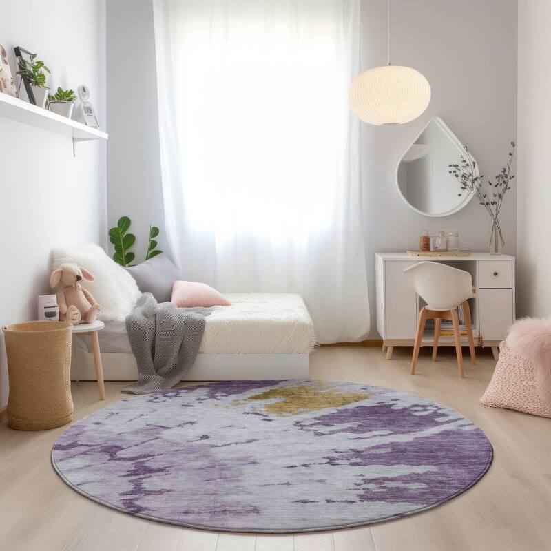 Machine Washable Indoor/ Outdoor Chantille Tie Dye Modern Rug - Purple - 8' x 8'