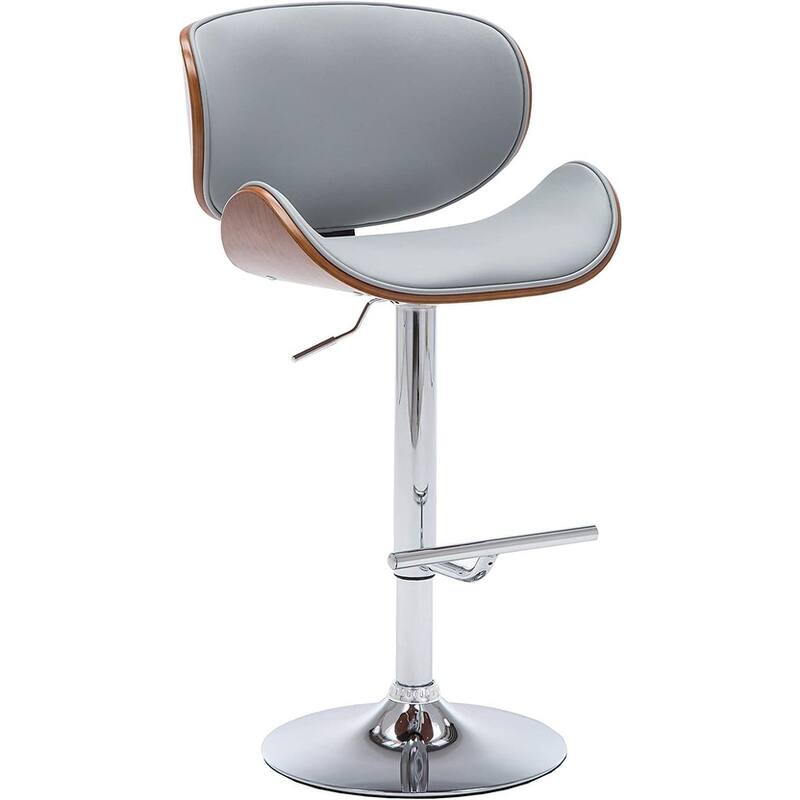 Modern Contemporary Swivel Walnut Bentwood Lift Adjustable Height Bar Stool with Curved Seat and Back - Grey