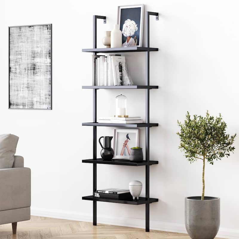 Nathan James Theo 5-Shelf Ladder Bookcase Wood with Metal Frame - Black